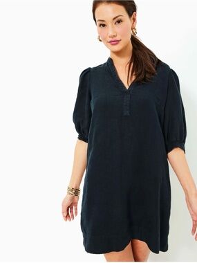 NWT Lilly Pulitzer Mialeigh Lagoon Linen Dress Puff Sleeve Noir Black Size 10